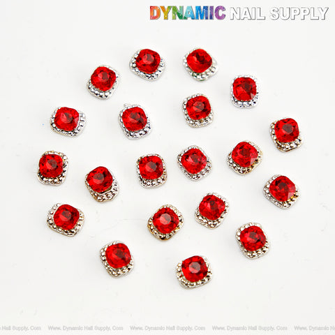 20pcs Luxury Silver Round Square Ruby Red Nail Rhinestone Charm Set Box - Nail Art DIY Design