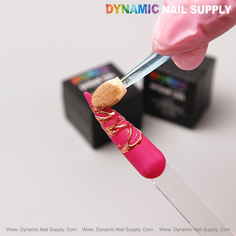 A gloved hand applies No-wipe Ready for Chrome Spider Gel to a pink nail with metallic swirls; brand logo in corner.
