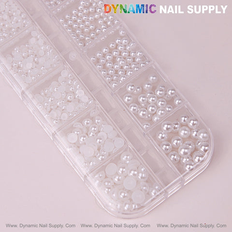 Clear container, labeled DYNAMIC NAIL SUPPLY, holds 12-grid White Pearl Beads & mixed-size flatback nail stones.
