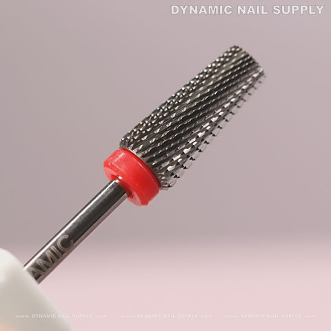Close-up of our 5-in-1 Fine Silver Tapered Flat-Top Nail Drill Bit, great for sealing cuticles and smoothing acrylic.