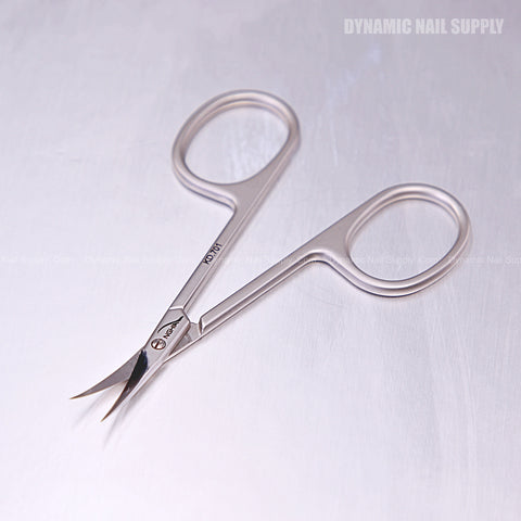 KD.701 Professional Cuticle Scissors with curved tips and large finger holes, stainless steel, on a reflective surface.