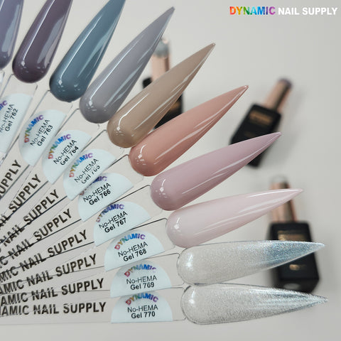 Nine artificial nail swatches show neutral and sparkly Dynamic No-HEMA Gel Polish 761–770 on a white background.