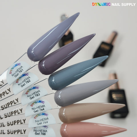 Five muted swatches display Dynamic No-HEMA Gel Polish 761-770, safe for sensitive nails. Fall/Winter Collection.