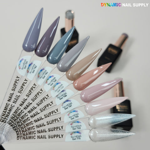 Ten oval nail swatches in neutral and pastel tones show Dynamic No-HEMA Gel Polish 761–770, Fall/Winter Collection.