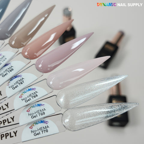 Six Dynamic No-HEMA Gel Polish samples, colors 765–770—taupe to silver glitter—safe for sensitive nails.