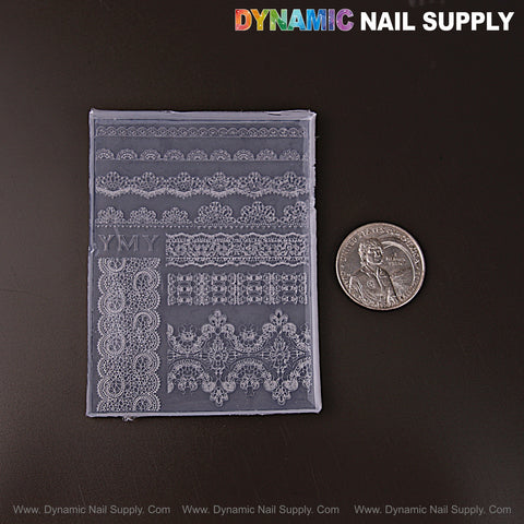 The Mixed Floral Lace Patterns 3D Nail Art Mold, shown by a U.S. quarter, has embossed lace designs for custom nails.