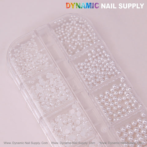 12 grid White Pearl Beads Nail Charms, mixed sizes, round flatback stones—perfect for DIY nail art on pink background.