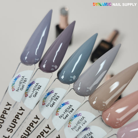 Six Dynamic No-HEMA Gel Polish samples (761–770) in cool neutrals, safe for sensitive nails, with bottles displayed behind.