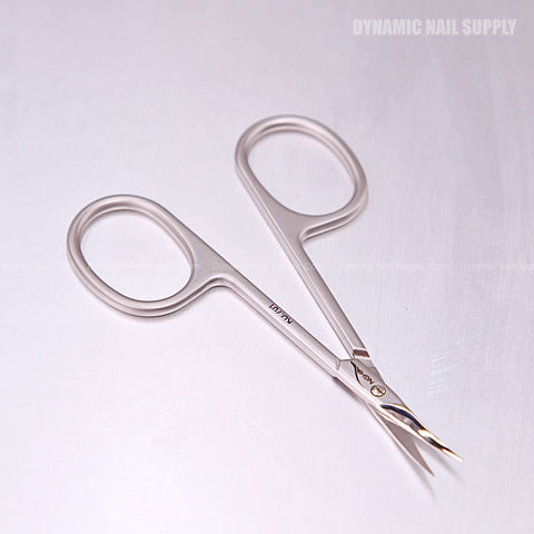 KD.701 Professional Cuticle Scissors with curved tips and pointed stainless steel blades, handles open on a light surface.
