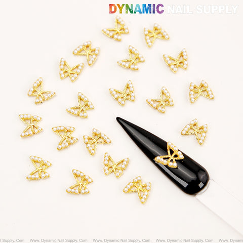 20pcs White Pearl Gold Butterflies Shape Charms for Nails Gems, Nail Art Decorations