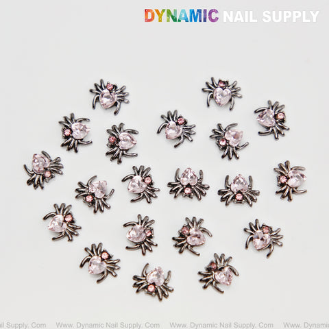 20 pcs Pink and Metallic Black Rhinestone Gem Spider Nail Charms - Halloween Nail Art DIY Design Seasonal Charms