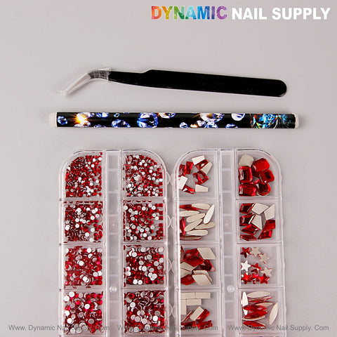 A kit with assorted multi-shape, size red nail crystals and rhinestones for crystal nail art decoration.