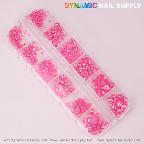 12 grid Hot Pink Pearl Beads Nail Charms with mixed round flatback stones in a plastic case for DIY designs.