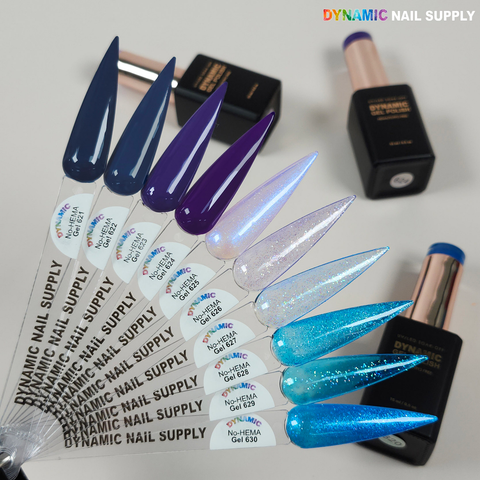 Eight nail samples in fall/winter hues surround two Dynamic No-HEMA Gel Polish bottles for healthier nails.