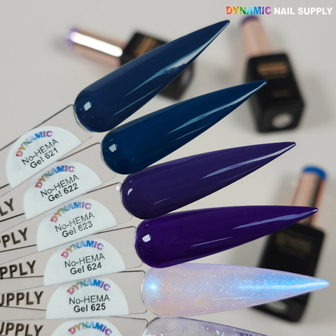 Five pointed nail swatches with Dynamic No-HEMA Gel Polish 621–630, plus bottles for healthier fall & winter nails.