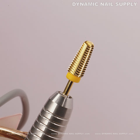 Close-up of the Extra Fine (XF) 5-in-1 Volcano Bit for smoothing acrylic or gel, on a metallic handle.