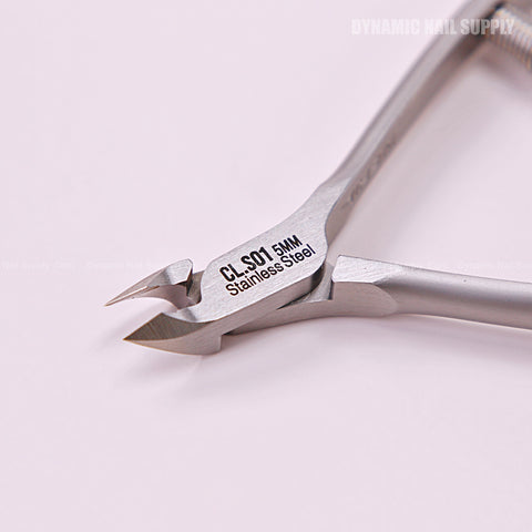 CL.S01 5MM Professional Cuticle Nippers with spiral springs, stainless steel, shown on a light pink background.