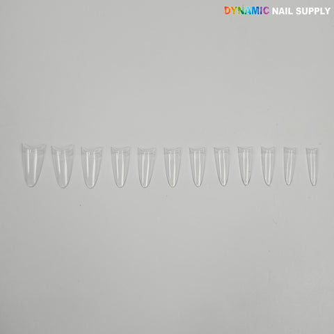 Box of 500 (New 2026) Medium Almond Short Stiletto Nail Tips, half cover, assorted sizes on white background.