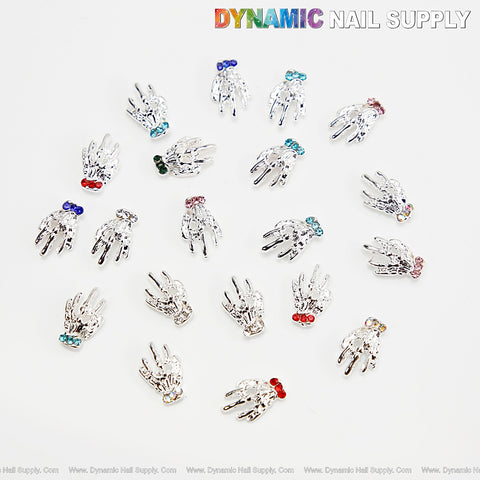 20pcs Silver Multicolor Rhinestone Skull Hand Bone Nail Charm - Nail Art Design Halloween Seasonal Charm