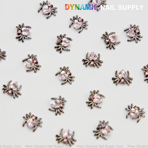 20 pcs Pink and Metallic Black Rhinestone Gem Spider Nail Charms - Halloween Nail Art DIY Design Seasonal Charms