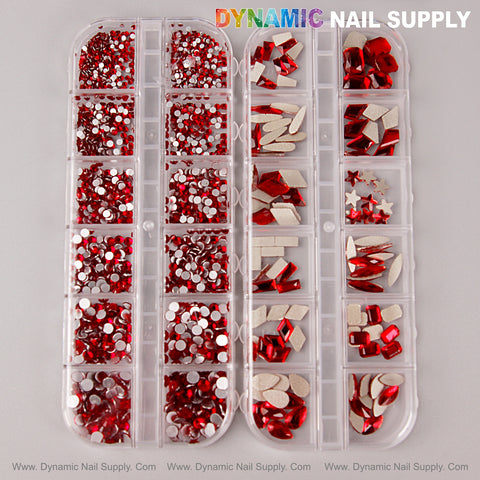[Red] Multi Shape Size Nail Crystal Gem Rhinestone Set, flat back, in kit—mixed rounds & shapes by DYNAMIC NAIL SUPPLY.