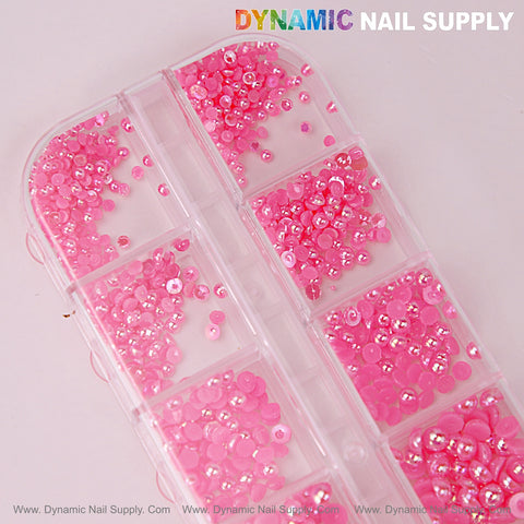 12 grid Hot Pink Pearl Beads Nail Charms with round flatback stones, perfect for DIY designs.