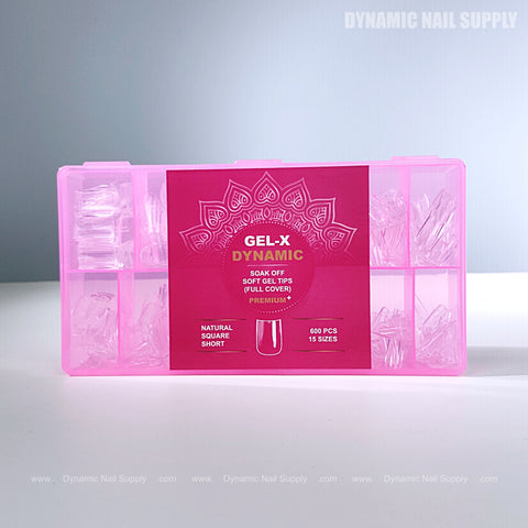 Natural Square (Short) Soft-Gel Nail Tips in pink box—clear tips, assorted sizes, labeled pink lid.
