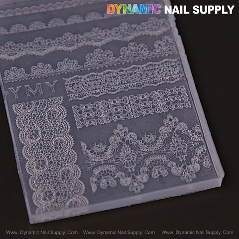 Mixed Floral Lace Patterns 3D Silicone Mold for custom embossed nail charms, DIY nail art on dark background, labeled YMY.