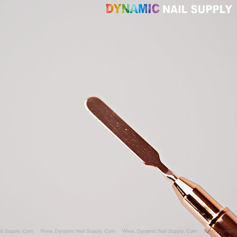 The Rose Gold Builder Poly Hard Gel Dual Head Nail Art Brush features an oval brush, spatula, and rose gold handle.
