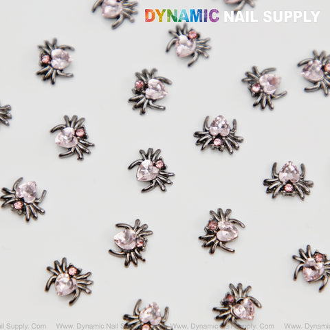 20 pcs Pink and Metallic Black Rhinestone Gem Spider Nail Charms - Halloween Nail Art DIY Design Seasonal Charms
