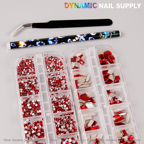 [Red] Multi Shape Size Nail Crystal Gem Rhinestone Set: flat back, mixed shapes, kit includes tweezer and decorating tool.