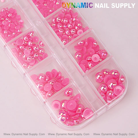 12-grid case holds Hot Pink Pearl Beads & Flatback Stones, ideal for dazzling DIY nail art decoration.