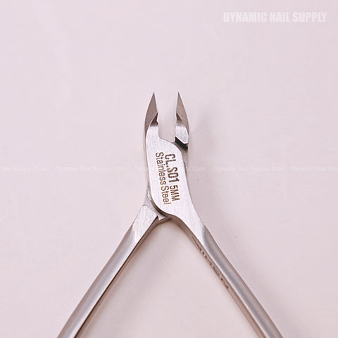 Close-up of CL.S01 5MM Professional Cuticle Nippers with spiral springs, stainless steel, sharp angled tip.