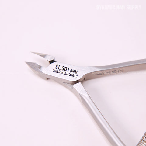 CL.S01 5MM Professional Cuticle Nippers with spiral springs, stainless steel, shown on a white surface.