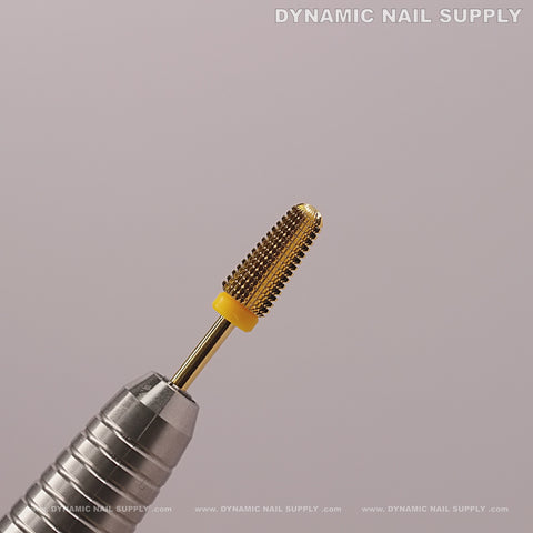 Extra Fine (XF) 5-in-1 Volcano Bit for smooth-out acrylic or gel, gold with yellow band, metallic handle.