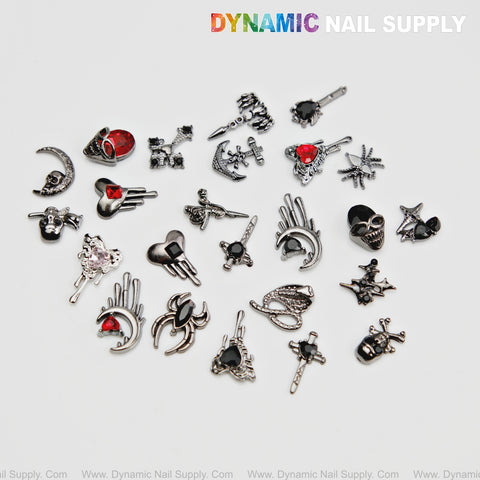 24 pcs Mixed Gothic and Crossed Skeleton Alloy Nail Charms - Halloween Nail Art DIY Design Seasonal Charms