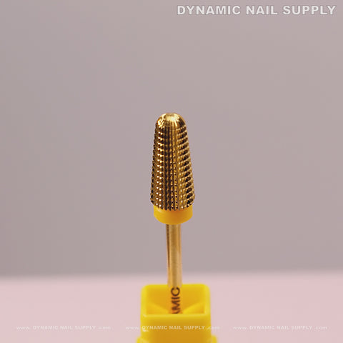 The Extra Fine 5-in-1 Volcano Bit stands upright in a yellow base, labeled DYNAMIC NAIL SUPPLY.