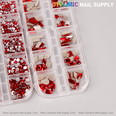 [Red] Multi Shape Size Nail Crystal Gem Rhinestone Set: mixed shapes/sizes in a plastic box, sorted in compartments.