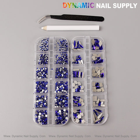 [Blue] Multi Shape Size Nail Crystal Gem Rhinestone Set—Flat Back, kit with mixed shapes and tools included.