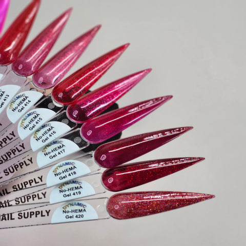 Six long swatches show Dynamic No-HEMA Gel Polish, Red Shimmer Collection, colors 411–420.