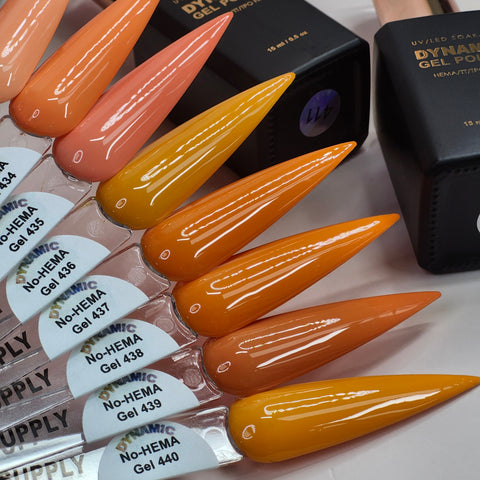 Six swatches in peach, orange, and yellow are shown with Dynamic No-HEMA Gel Polish 431–440 Fall Vibes Collection bottles.