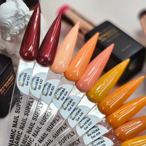 Eight vibrant swatches (431-440) from red to yellow in Dynamic No-HEMA Gel Polish, Fall Vibes Collection—safe for nails.