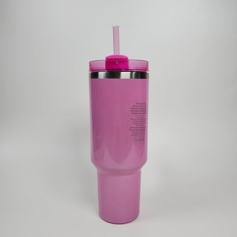 A 40oz Light Pink Stainless Steel Tumbler with double-wall insulation, clear pink lid, and straw on white background.