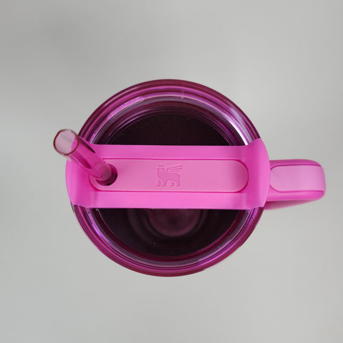 Top view of a Light Pink Stainless Steel Tumbler (40oz) with handle and straw on a light gray background.