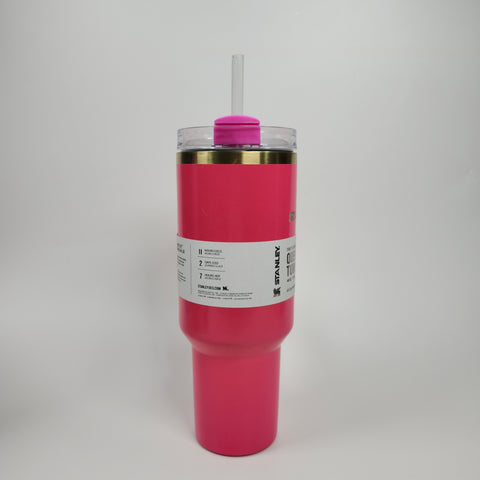 40oz Hot Pink Stainless Steel Tumbler with double-wall insulation, clear lid, and straw—labeled “STALE.”.
