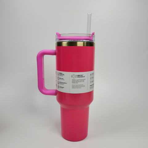 The Hot Pink Stainless Steel Tumbler (40oz) has a handle, clear lid, straw, and double-wall insulation for freshness.