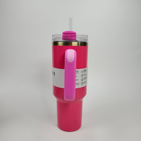 The (Hot Pink) Stainless Steel Tumbler (40oz) features a straw, pink handle, and gold rim on a plain white background.
