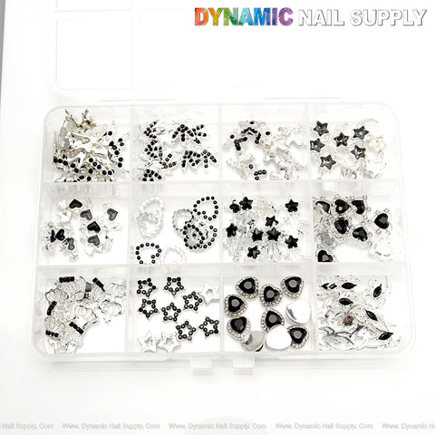 120pcs Bundle Black Silver Rhinestone Heart Shape Star Leaf Crown Nail Charm Set Box