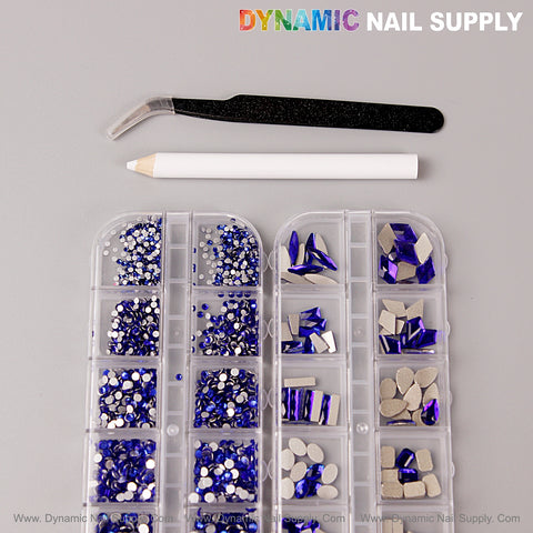 [Blue] Multi Shape Size Nail Crystal Gem Set with kit—flat back rhinestones, mixed shapes, tweezers & white pencil.