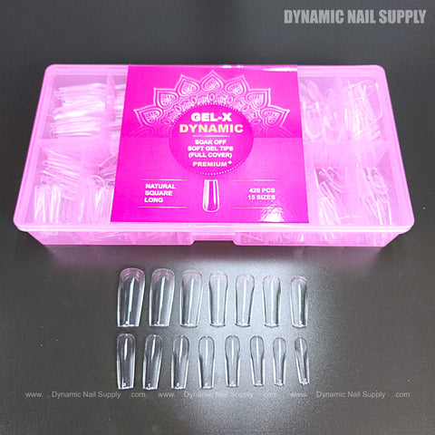 A pink box labeled Natural Square (Long) holds clear, long, square full cover soft-gel nail tips, with samples in front.